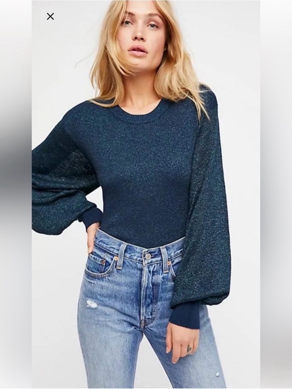 NEW FREE PEOPLE Shimmery Indigo Balloon Sleeve Sweater NWT 🌷
